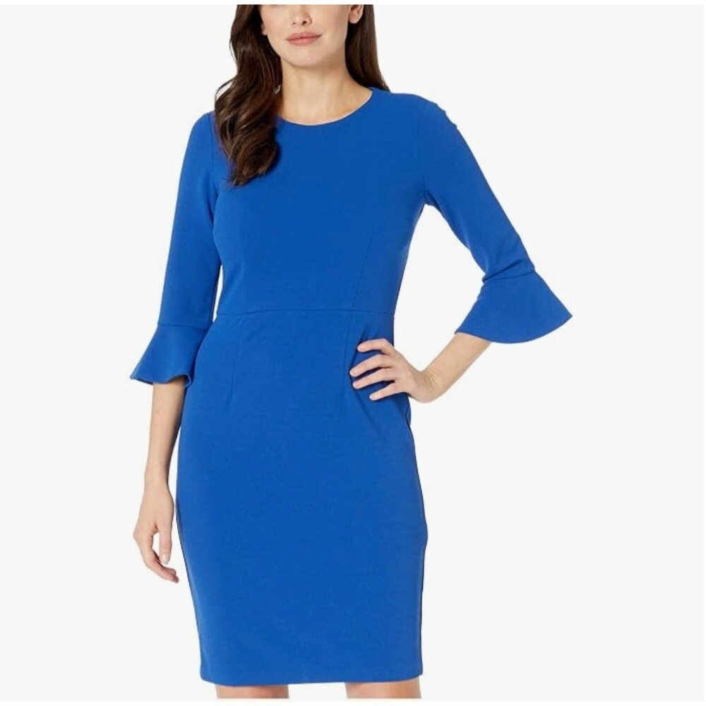 Donna Morgan 8 MEDIUM Royal Blue Sheath Dress Bell Sleeve Crepe Career Cocktail